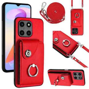 For Honor X6a Organ Card Bag Ring Holder Phone Case with Long Lanyard(Red)