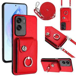 For Honor X50i / 90 Lite Organ Card Bag Ring Holder Phone Case with Long Lanyard(Red)