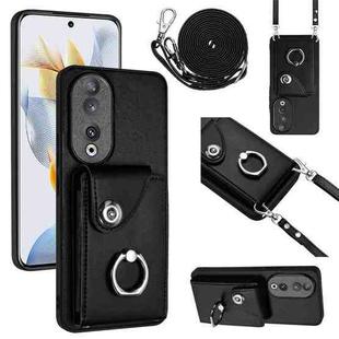 For Honor 90 Organ Card Bag Ring Holder Phone Case with Long Lanyard(Black)