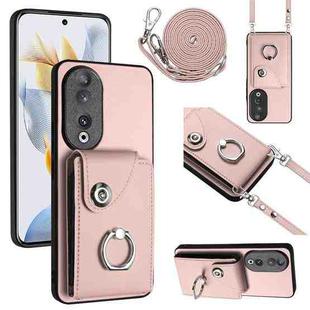 For Honor 90 Organ Card Bag Ring Holder Phone Case with Long Lanyard(Pink)