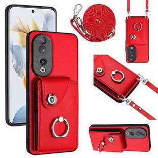 For Honor 90 Organ Card Bag Ring Holder Phone Case with Long Lanyard(Red)