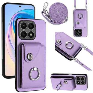 For Honor X8a Organ Card Bag Ring Holder Phone Case with Long Lanyard(Purple)