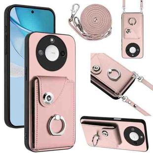 For Honor X60 / X9c Smart Organ Card Bag Ring Holder Phone Case with Long Lanyard(Pink)