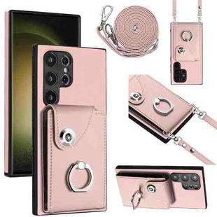 For Samsung Galaxy S24 Ultra 5G Organ Card Bag Ring Holder Phone Case with Long Lanyard(Pink)