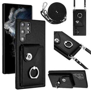 For Samsung Galaxy S22 Ultra 5G Organ Card Bag Ring Holder Phone Case with Long Lanyard(Black)