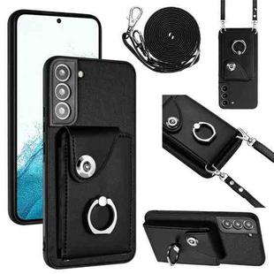 For Samsung Galaxy S21 FE 5G Organ Card Bag Ring Holder Phone Case with Long Lanyard(Black)