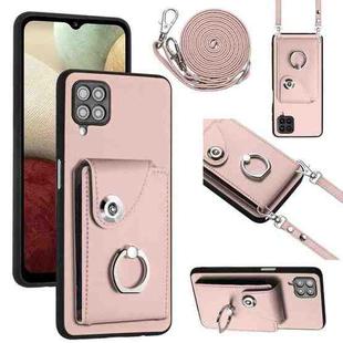 For Samsung Galaxy A12 Organ Card Bag Ring Holder Phone Case with Long Lanyard(Pink)