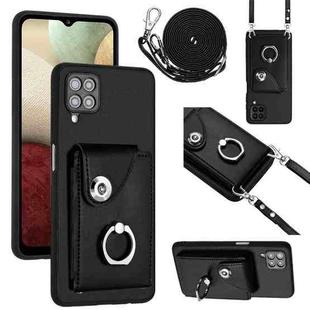 For Samsung Galaxy A12 Organ Card Bag Ring Holder Phone Case with Long Lanyard(Black)