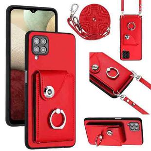For Samsung Galaxy A12 Organ Card Bag Ring Holder Phone Case with Long Lanyard(Red)