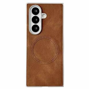 For Samsung Galaxy Z Fold7 5G Skin Feel Leather Texture MagSafe Pearlescent Paint Shockproof Phone Case(Brown)
