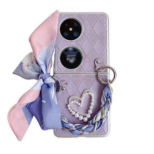 For Huawei P50 Pocket Rhombus Leather Texture Heart-shaped Scarf Bracelet Shockproof Phone Case(Purple)