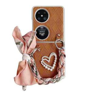 For Huawei P50 Pocket Rhombus Leather Texture Heart-shaped Scarf Bracelet Shockproof Phone Case(Brown)