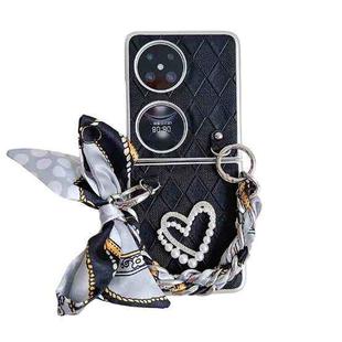 For Huawei P50 Pocket Rhombus Leather Texture Heart-shaped Scarf Bracelet Shockproof Phone Case(Black)