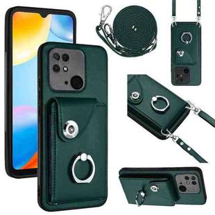 For Xiaomi Redmi 10C Organ Card Bag Ring Holder Phone Case with Long Lanyard(Green)