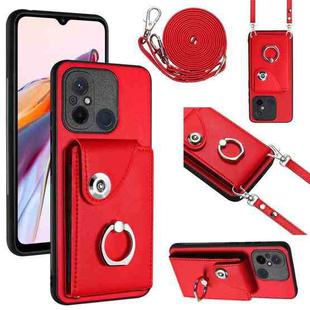 For Xiaomi Redmi 12C / 11A Organ Card Bag Ring Holder Phone Case with Long Lanyard(Red)