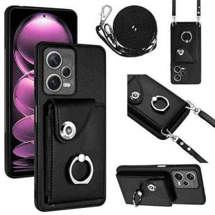 For Xiaomi Redmi Note 12 Pro+ 5G Global Organ Card Bag Ring Holder Phone Case with Long Lanyard(Black)