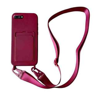 For iPhone 8 Plus / 7 Plus Card Slot Liquid Silicone Phone Case with Lanyard(Wine Red)