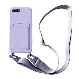 For iPhone 8 Plus / 7 Plus Card Slot Liquid Silicone Phone Case with Lanyard(Light Purple)