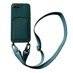 For iPhone 8 Plus / 7 Plus Card Slot Liquid Silicone Phone Case with Lanyard(Dark Green)