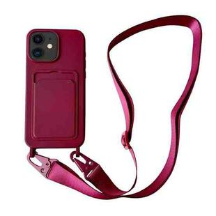 For iPhone 11 Card Slot Liquid Silicone Phone Case with Lanyard(Wine Red)