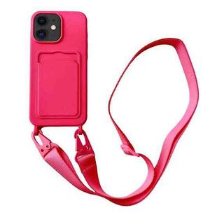 For iPhone 11 Card Slot Liquid Silicone Phone Case with Lanyard(Rose Red)