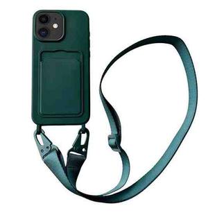 For iPhone 11 Card Slot Liquid Silicone Phone Case with Lanyard(Dark Green)