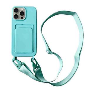 For iPhone 11 Pro Max Card Slot Liquid Silicone Phone Case with Lanyard(Mint Green)