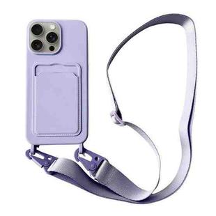 For iPhone 11 Pro Max Card Slot Liquid Silicone Phone Case with Lanyard(Light Purple)