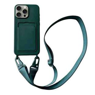 For iPhone 11 Pro Max Card Slot Liquid Silicone Phone Case with Lanyard(Dark Green)