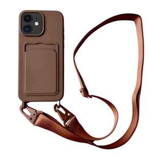 For iPhone 12 Card Slot Liquid Silicone Phone Case with Lanyard(Coffee)