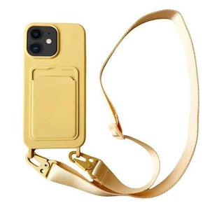For iPhone 12 Card Slot Liquid Silicone Phone Case with Lanyard(Yellow)