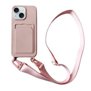 For iPhone 13 Card Slot Liquid Silicone Phone Case with Lanyard(Light Pink)