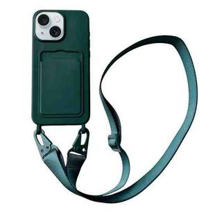For iPhone 13 Card Slot Liquid Silicone Phone Case with Lanyard(Dark Green)