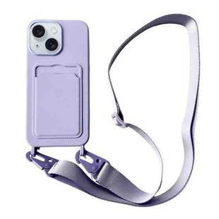 For iPhone 14 Card Slot Liquid Silicone Phone Case with Lanyard(Light Purple)
