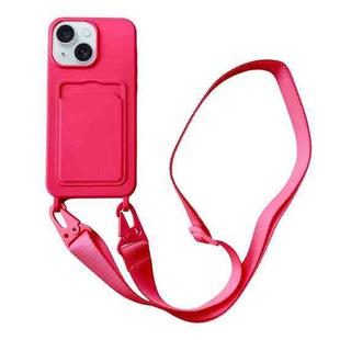 For iPhone 14 Card Slot Liquid Silicone Phone Case with Lanyard(Rose Red)