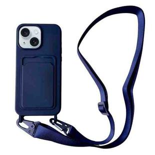 For iPhone 14 Plus Card Slot Liquid Silicone Phone Case with Lanyard(Dark Blue)