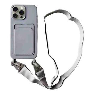 For iPhone 14 Pro Card Slot Liquid Silicone Phone Case with Lanyard(Grey)