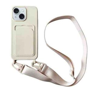 For iPhone 15 Card Slot Liquid Silicone Phone Case with Lanyard(White)