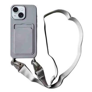 For iPhone 15 Card Slot Liquid Silicone Phone Case with Lanyard(Grey)