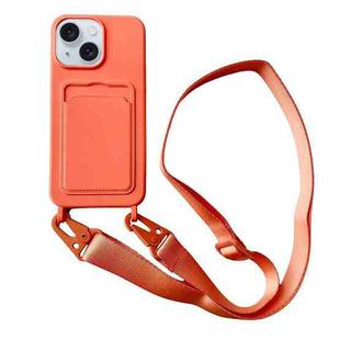 For iPhone 15 Card Slot Liquid Silicone Phone Case with Lanyard(Orange)