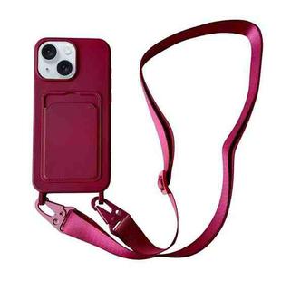 For iPhone 15 Plus Card Slot Liquid Silicone Phone Case with Lanyard(Wine Red)