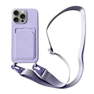 For iPhone 15 Pro Max Card Slot Liquid Silicone Phone Case with Lanyard(Light Purple)