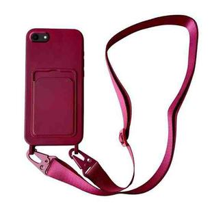 For iPhone SE 2022 / 2020 Card Slot Liquid Silicone Phone Case with Lanyard(Wine Red)