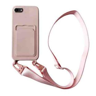 For iPhone SE 2022 / 2020 Card Slot Liquid Silicone Phone Case with Lanyard(Light Pink)