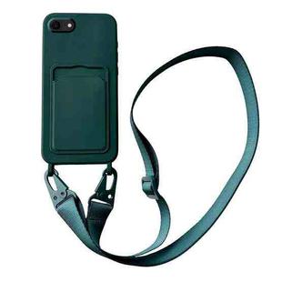 For iPhone SE 2022 / 2020 Card Slot Liquid Silicone Phone Case with Lanyard(Dark Green)