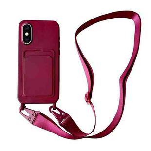 For iPhone XS / X Card Slot Liquid Silicone Phone Case with Lanyard(Wine Red)