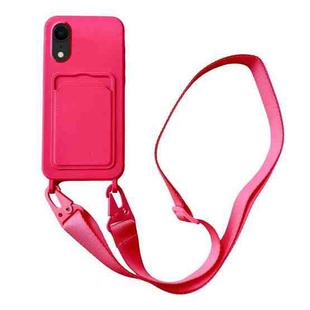 For iPhone XR Card Slot Liquid Silicone Phone Case with Lanyard(Rose Red)