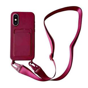 For iPhone XS Max Card Slot Liquid Silicone Phone Case with Lanyard(Wine Red)