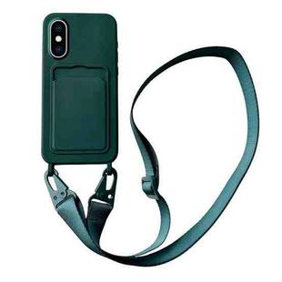 For iPhone XS Max Card Slot Liquid Silicone Phone Case with Lanyard(Dark Green)