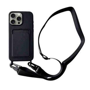 For iPhone 16 Pro Max Card Slot Liquid Silicone Phone Case with Lanyard(Black)